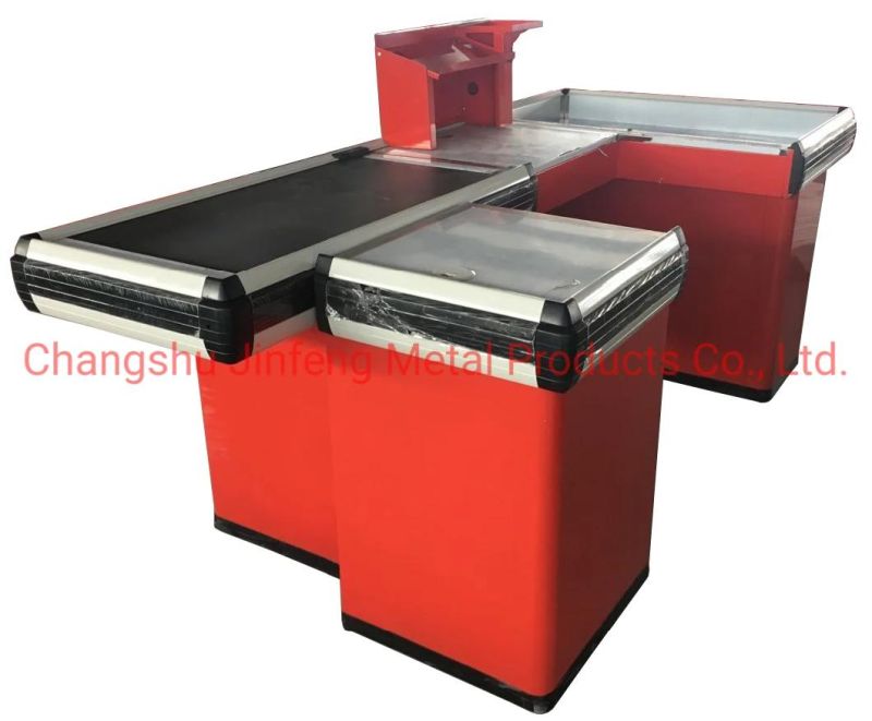 Supermarket Checkout Counter Metal Cashier Desk with Conveyor Belt and Keyboard Holder