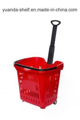 Plasitc Supermarket Rolling Shopping Basket with 2 Wheels
