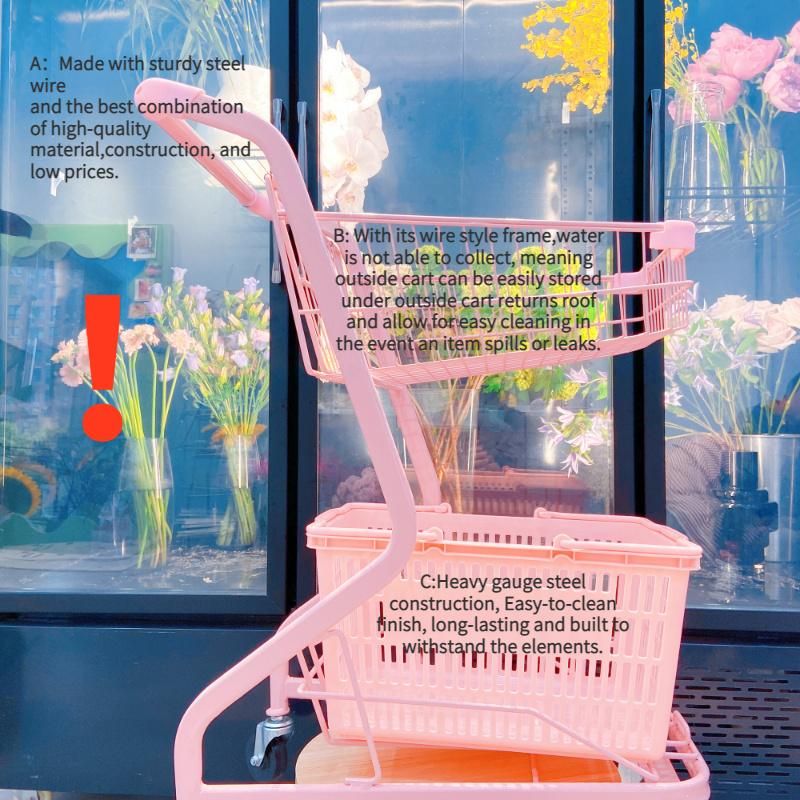Double Layers Pink Shopping Basket Cart for Doll House