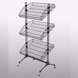 Metal Wire Basket Wheeled Moveable Display Shelf with Three Basket