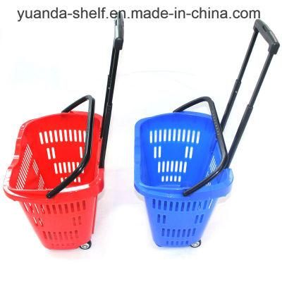 Plastic Rolling Trolley Basket Supermarket Shopping Baskets with Wheels