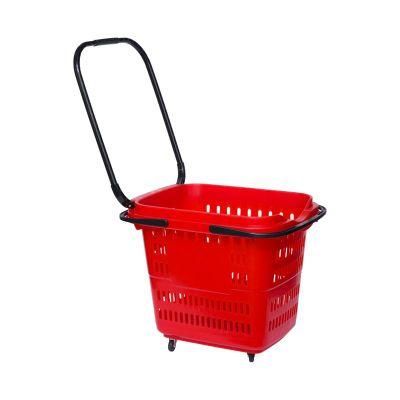 Luxury Doule-Handle 4wheels Shopping Plastic Trolley Basket Carts for Store