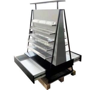 CY028-Customized Fashion Wood Iron Movable Retail Convenient Store Gondola Supermarket Display Shelf