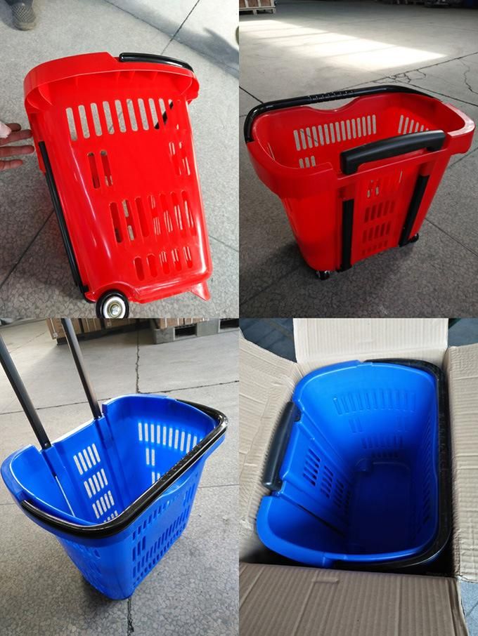 Xj-9 Supermarket Plastic Shopping Basket with Handle and Wheels