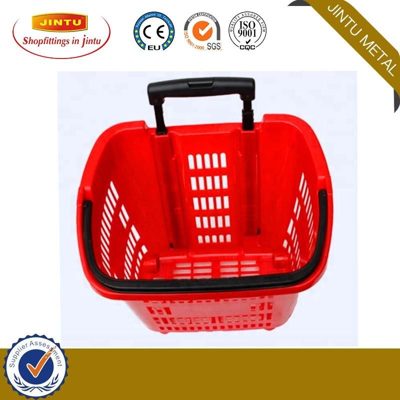 50L Supermarket Plastic Rolling Shopping Basket with 4 Wheels
