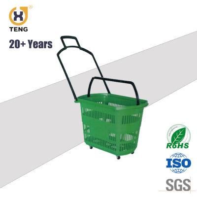 Xj-8 Supermarket Plastic Shopping Basket with Handle and Wheels