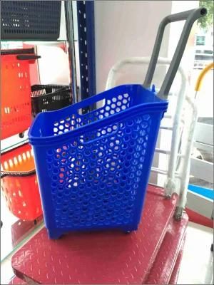 Metal Handle Plastic Supermarket Shopping Basket with Two Wheels