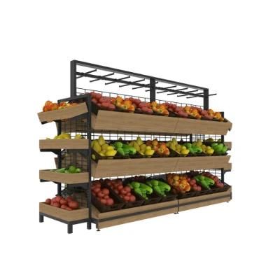 Steel and Wood Vegetable and Fruit Display Rack for Supermarket