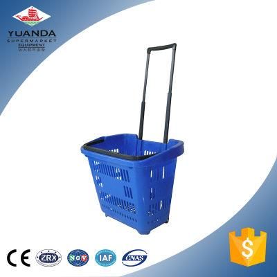 Supermarket Plastic Folding Shopping Rolling Basket with Wheels