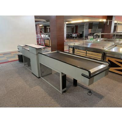 Metal Supermarket Cash Checkout Counter Equipment with Conveyor Belt for Sale