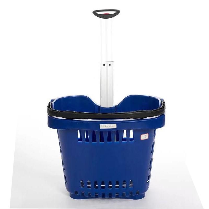 Supermarket Rolling Cheap Plastic Shopping Basket with Two Wheels or Four Wheels