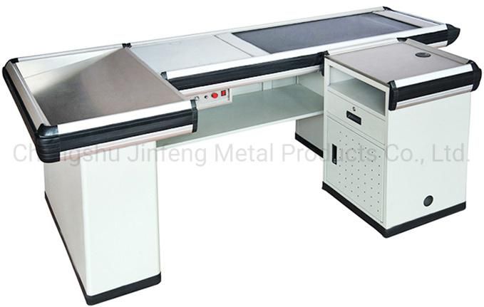 Modern Cashier Counter Design Supermarket Motor Checkout Counter with Conveyor Belt