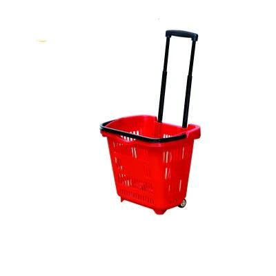 Supermarket Rolling Cheap Plastic Shopping Basket with Two Wheels