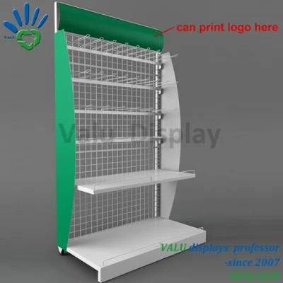 Promotional Metal Wire Mesh Food Shelf Supermarket Display Stand with Banner Advertisting