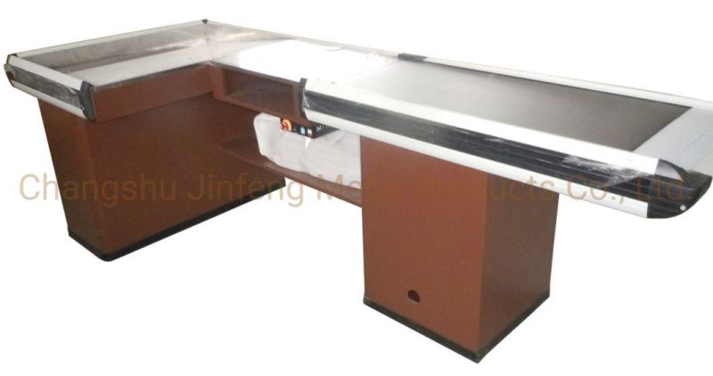 Supermarket Cashier Table Metal Checkout Counter with Conveyor Belt Jf-Cc-087