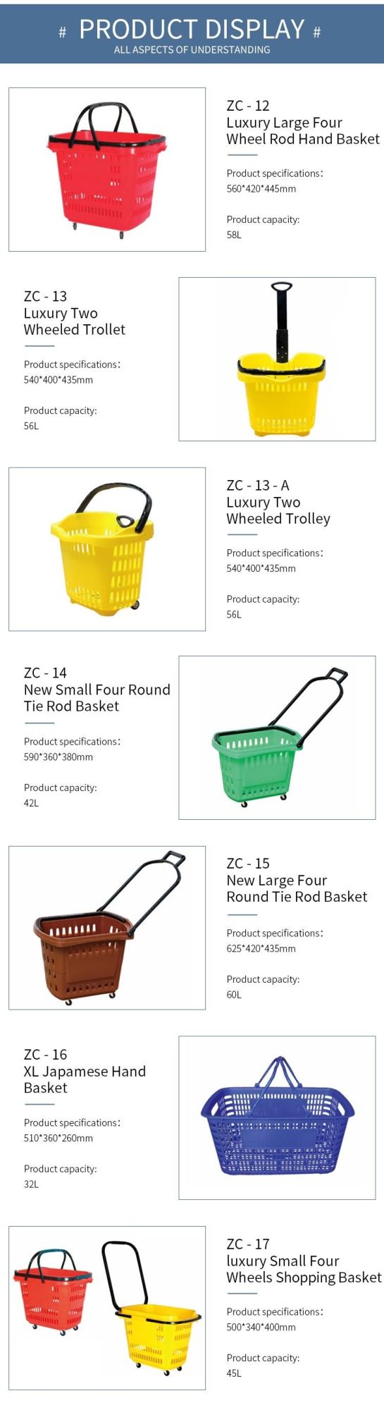 42L Plastic Supermarket Round Shopping Basket with Wheels Supermarket