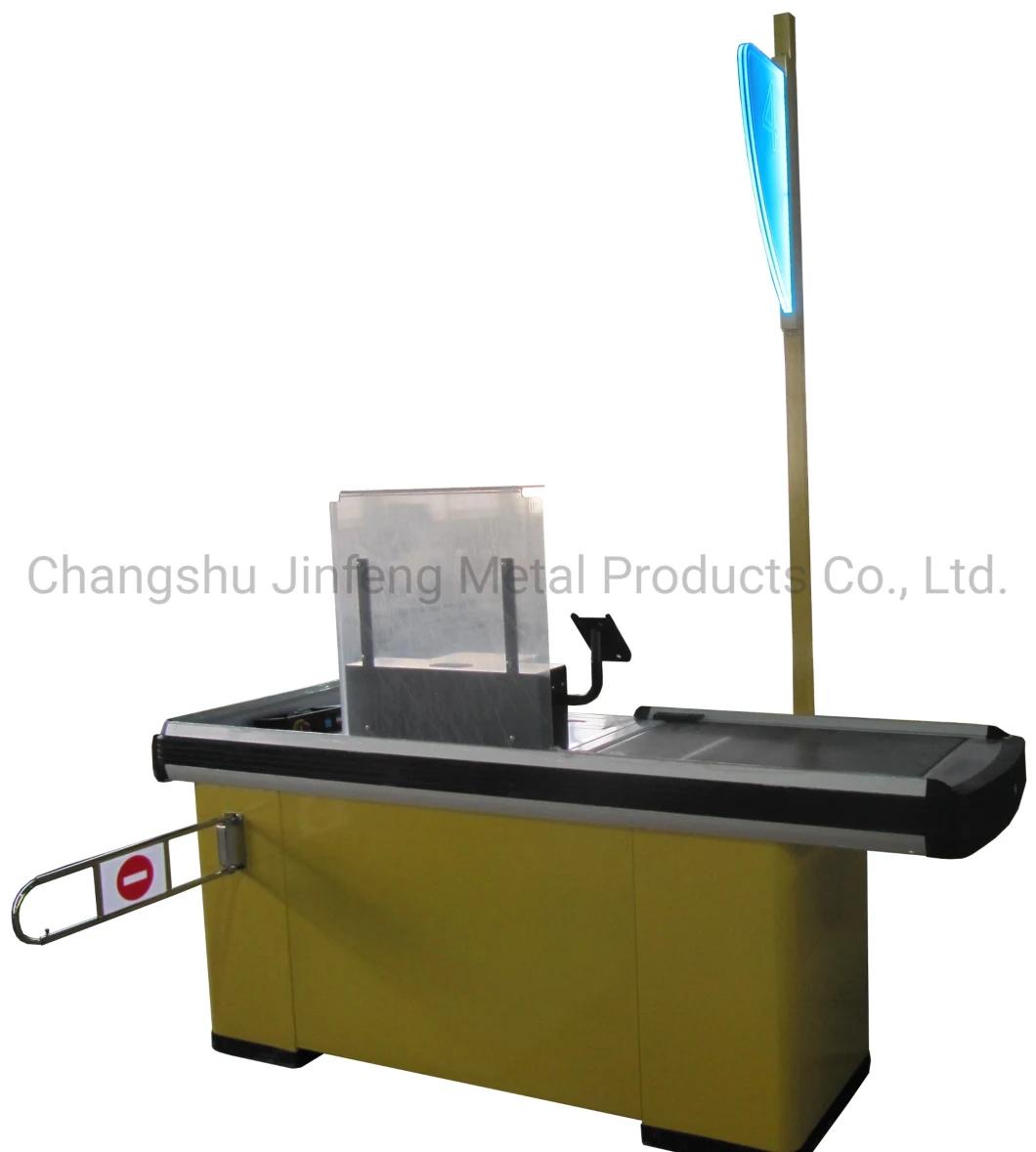 Supermarket Customized Metal Checkout Counter with Conveyor Belt and Light Box