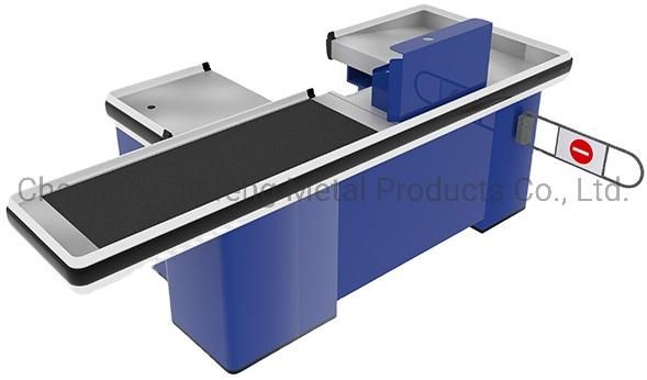 Supermarket Electric Bill Counter Metal Checkout Counter with Conveyor Belt