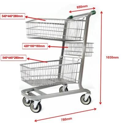 Australian Style Double Basket Galvanized Supermarket Shopping Trolley
