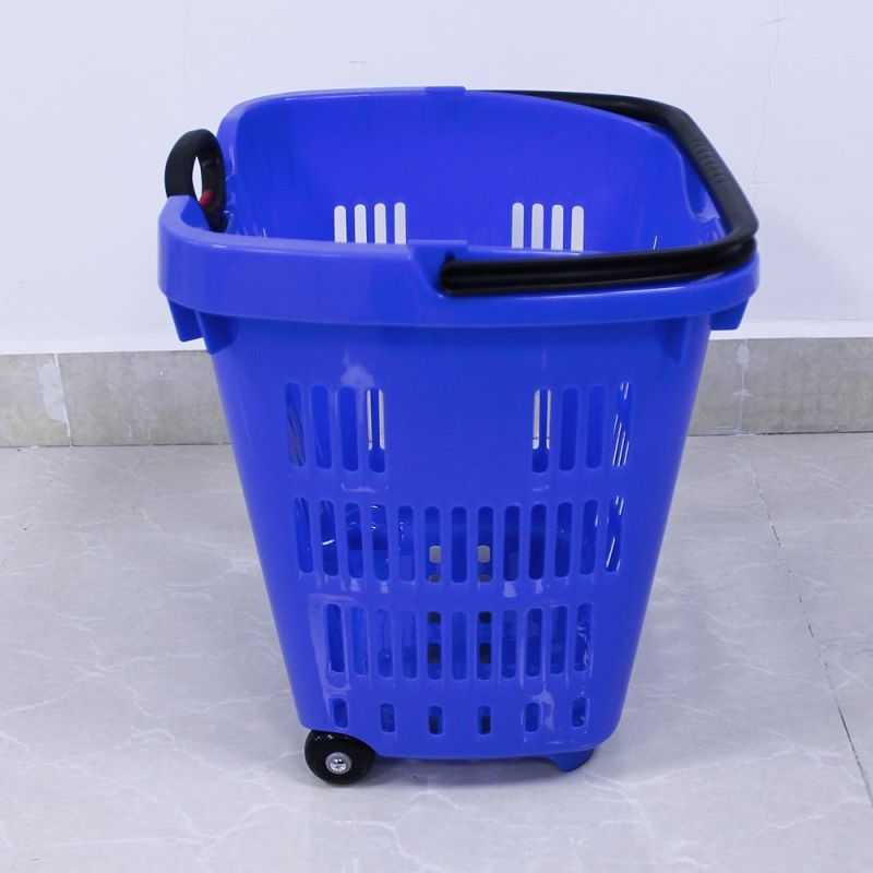 50L Plastic Basket with 2 Wheels for Supermarket Stores