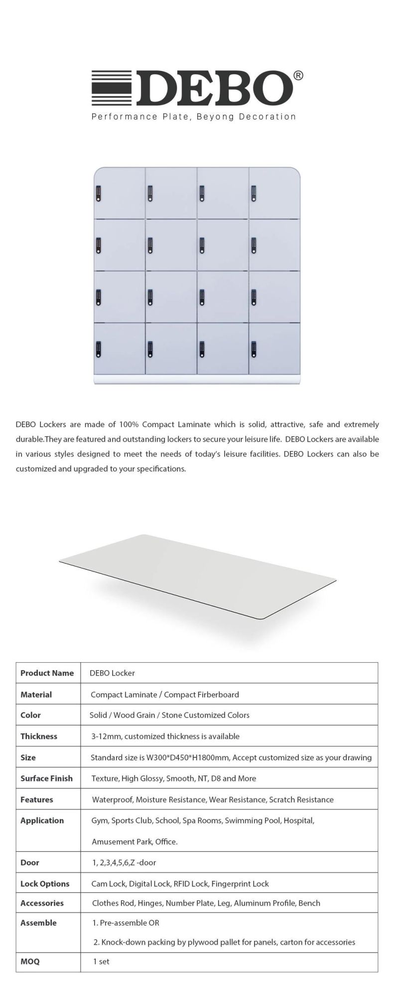 Debo Changing Room HPL Lockers / Phenolic Locker / Cdf Locker/ Aluminum Fixed Locker