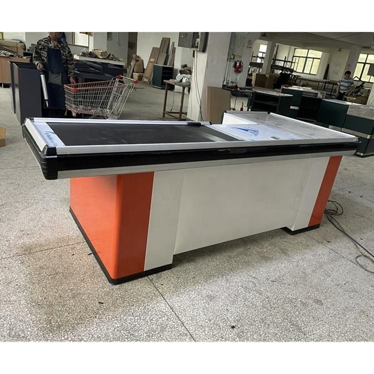 China Factory Automatic Checkout Counter Electric Cashier Desk Grocery Checkout with Conveyor Belt for Supermarket