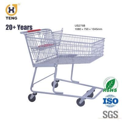 Us275b Gray Powder Coated Big Capacity 275L Supermarket Shopping Cart with 4 Wheels