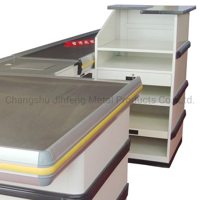 Modern Cashier Counter Supermarket Metal Checkout Counter with Conveyor Belt and Motor