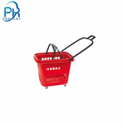Portable Grocery Blue Plastic Shopping Basket with Wheels