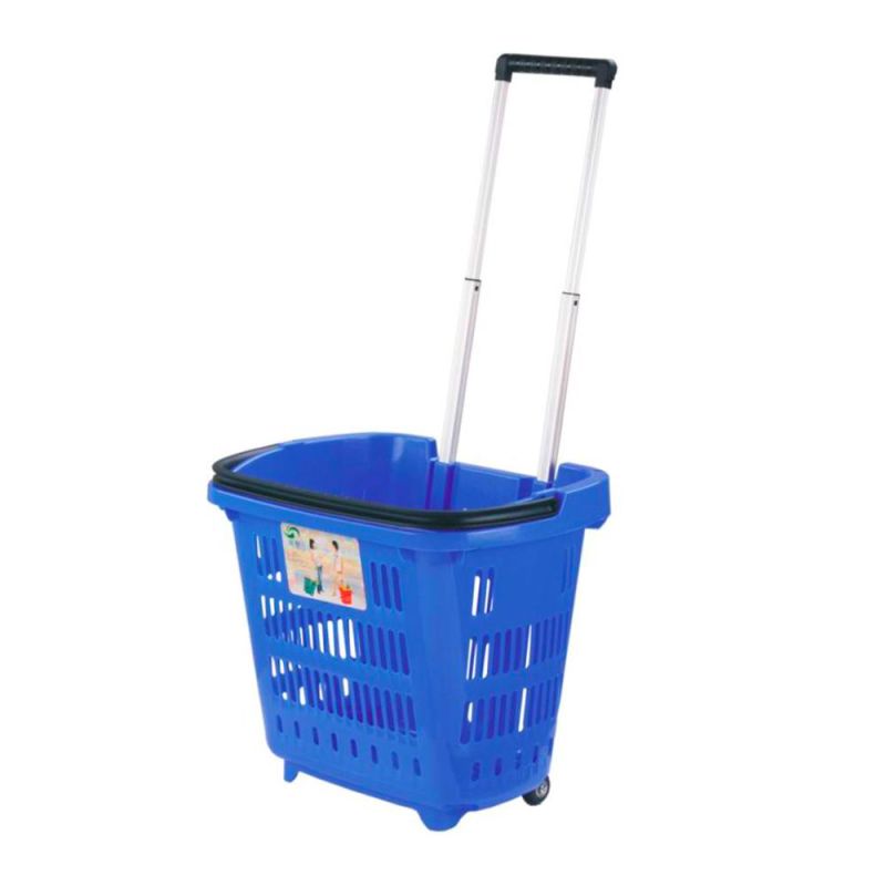 High Quality Plastic Shopping Basket with Wheels for Supermarket