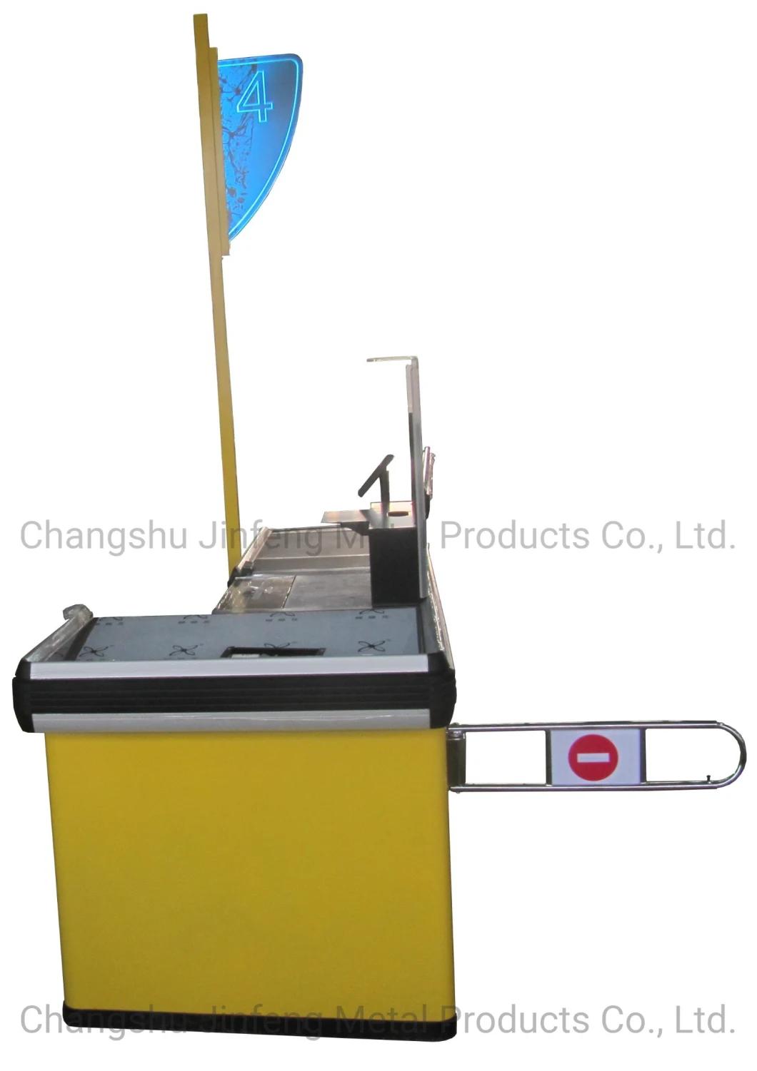 Supermarket Customized Metal Checkout Counter with Conveyor Belt and Light Box