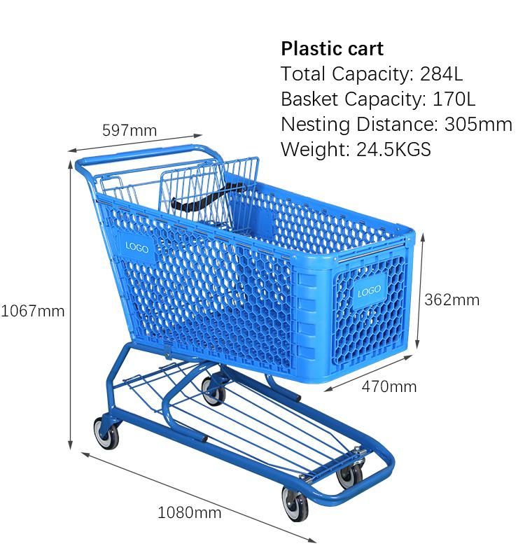 180 Liters Plastic Retail Grocery Supermarket Push Shopping Trolley for Canada