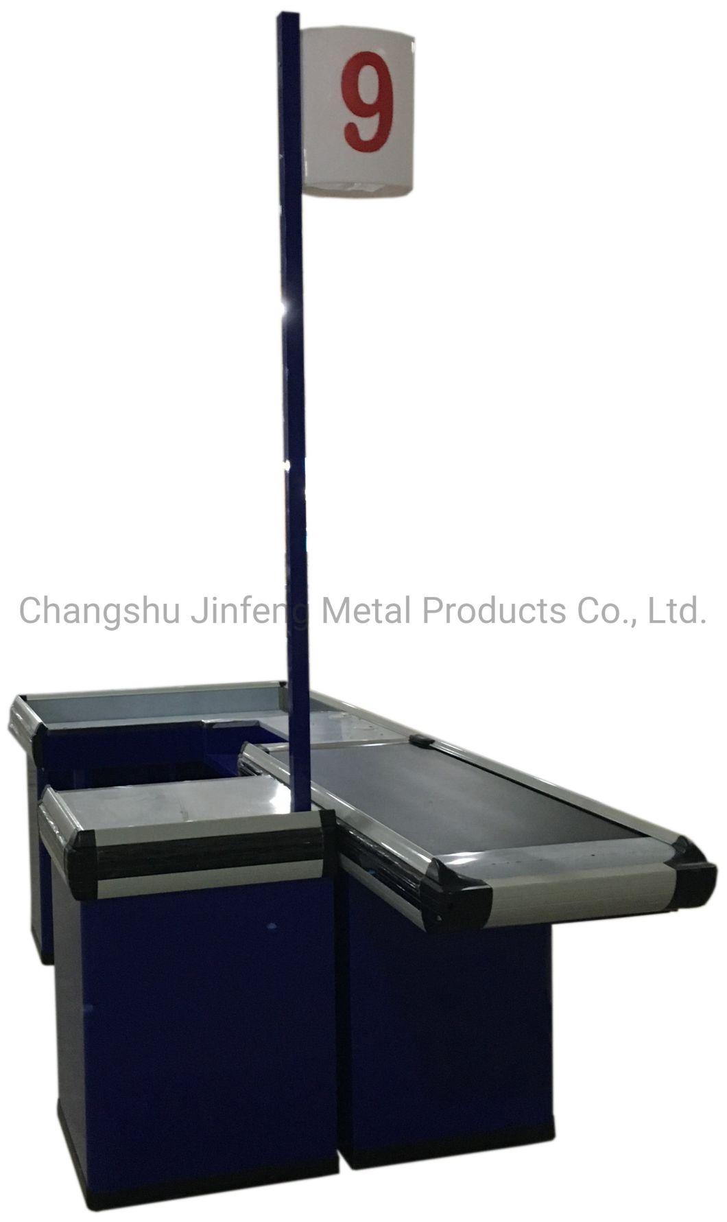 Supermarket Electric Bill Counter Metal Checkout Counter with Conveyor Belt