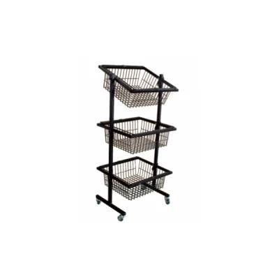 Metal Wire Basket Display Rack with Three Basket and Four Wheels