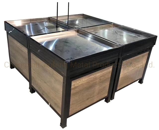 Customized Supermarket Metal Display Stand with Wood for Fruit and Vegetable