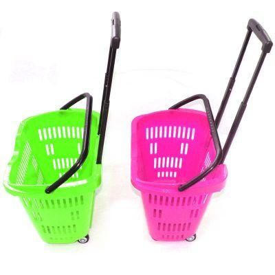 Good-Designed Two Wheeled Supermarket Shopping Plastic Basket Trolley Carts