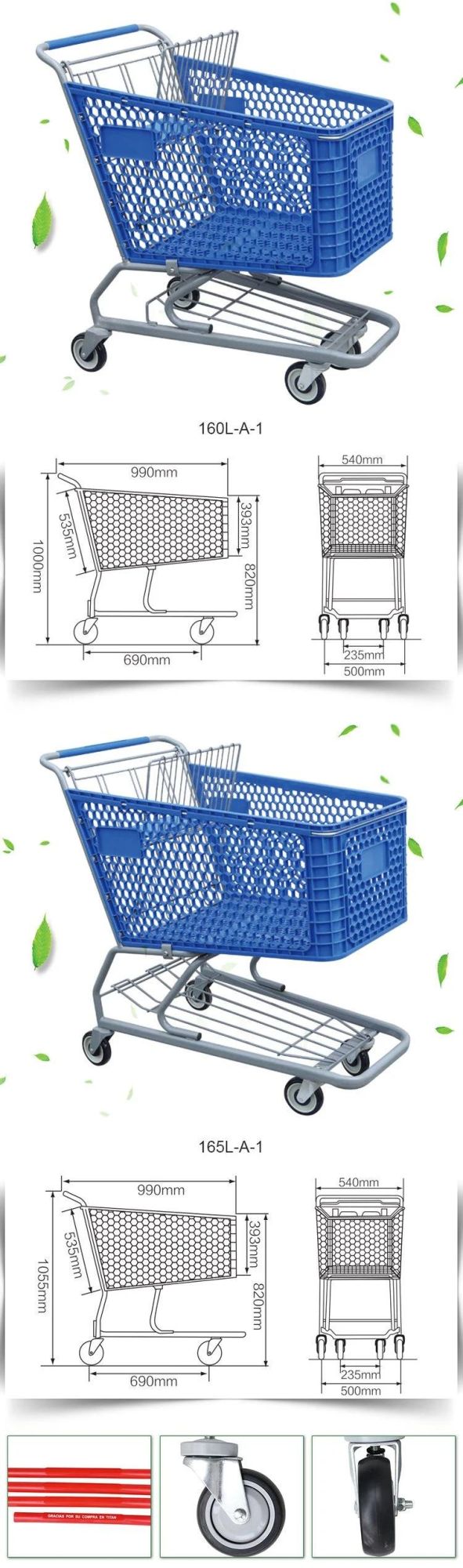 990X540X1055mm Plastic Basket with Wheels Hand Trolley for Supermarket Cart