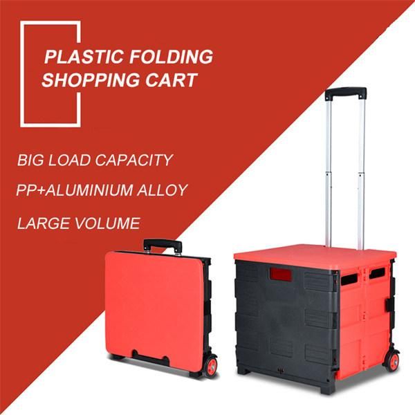 China Manufacturer Plastic Pack & Roll Folding Grocery Push Box Cart with Seat