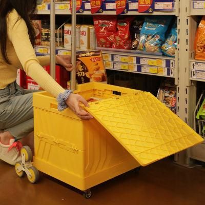 Factory Popular 52L Plastic Rolling Foldable Trolley Supermarket Folding Cart with Stair Climber