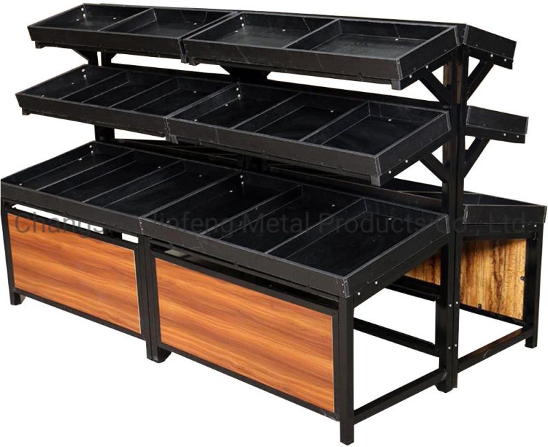 Supermarket Shelves Customizable Stable Combination Three Layers Vegetable and Fruit Display Racks with Wood