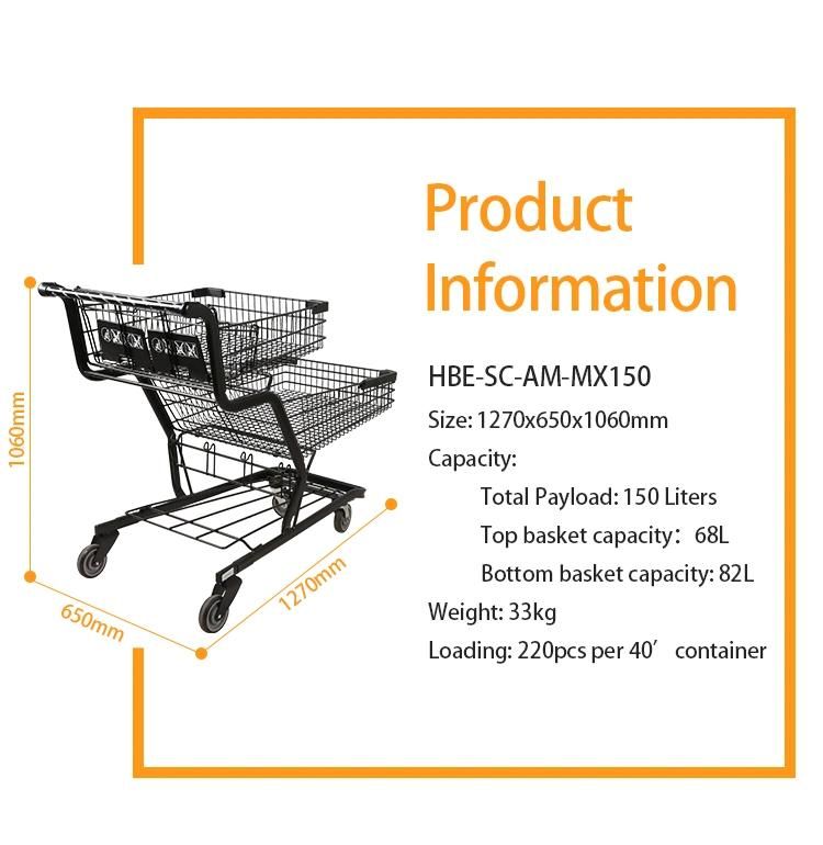 American Style Shopping Cart Two Tier Baskets Supermarket Trolley