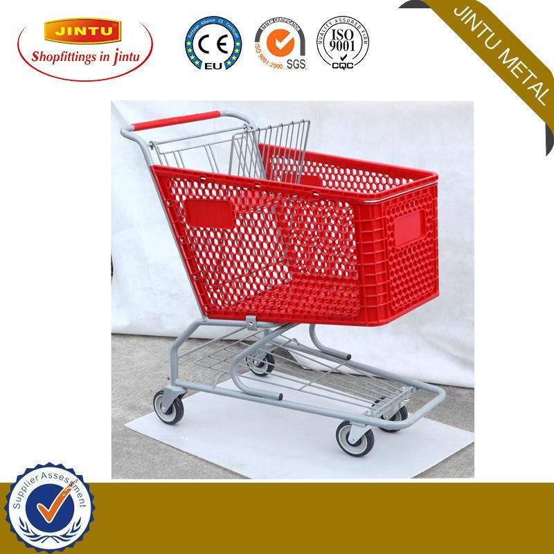 Supermarket Plastic Shopping Cart with Swivel Rubber Wheels