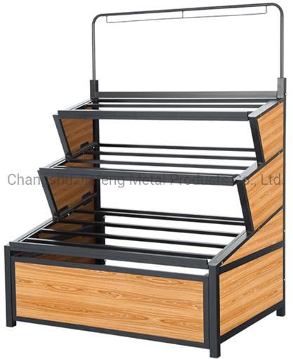 Supermarket Fruit and Vegetable Display Rack Wooden and Metal Display Shelf