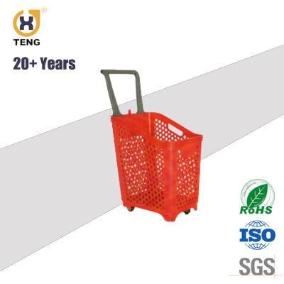Xj-18 Supermarket Plastic Shopping Basket with Handle and Wheels