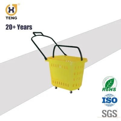 Xj-14 Supermarket Plastic Shopping Basket with Handle and Wheels