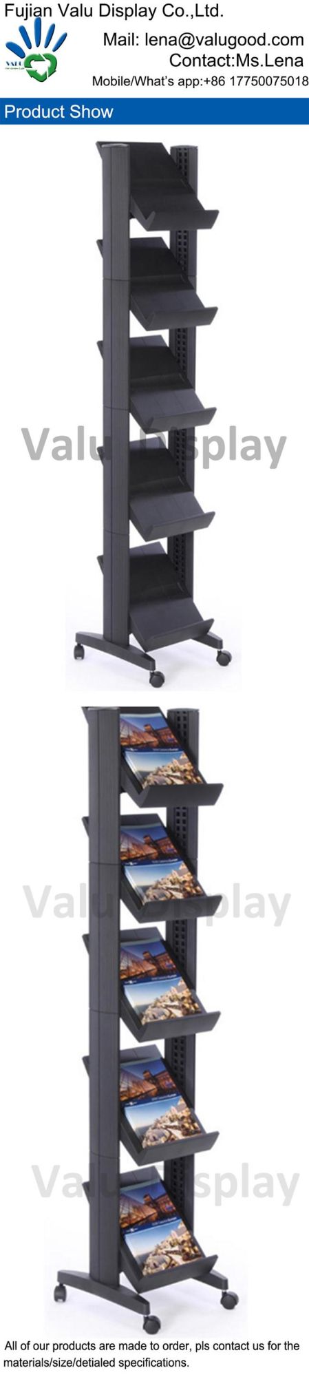 Black Wheels Movable Metal Aluminum Newspaper Book Rack with Height-Adjustable Shelf