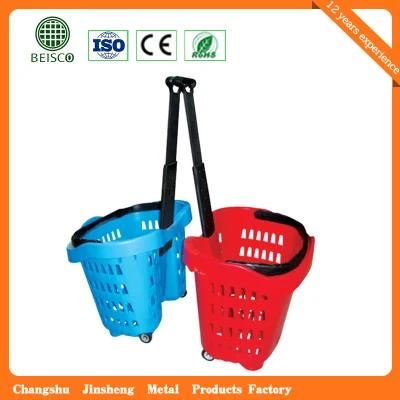 Plastic Basket Grocery Shopping Baskets Wheel Rolling (JS-SBN07)