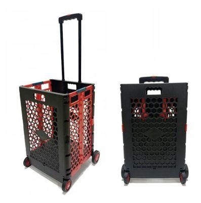 China Factory Grid Plastic Folding Shopping Trolley Cart with Large Capacity