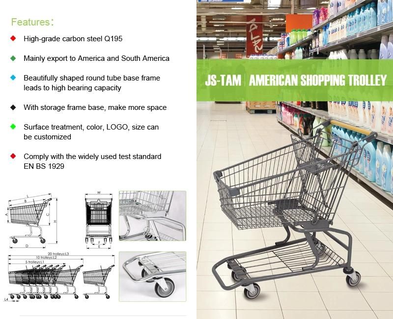 Manufacturer 80L Hot Sale Supermarket Asian Style Rolling Metal Grocery Shopping Trolley Cart