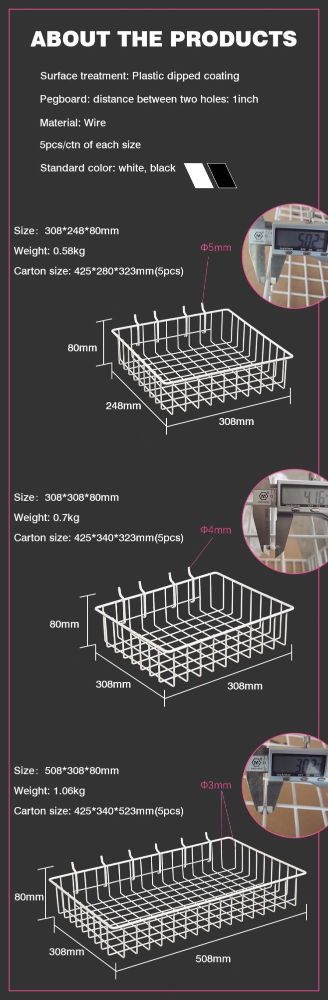 Metal Wire Hanging Pegboard Storage Basket for Slatwall Gridwall
